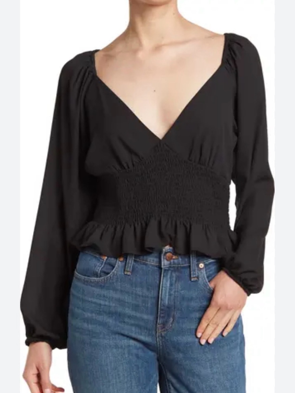 Wayf Black Smocked V-Neck Long Sleeve Women's Top